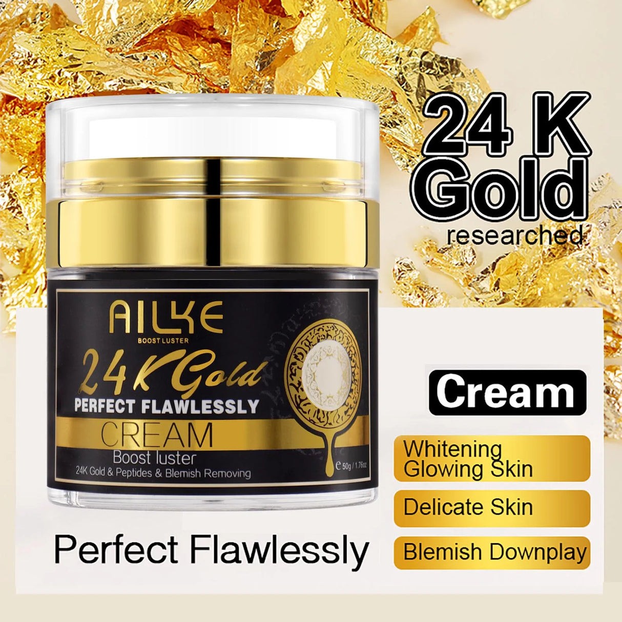 Jar of 24K Gold cream with gold leaf background