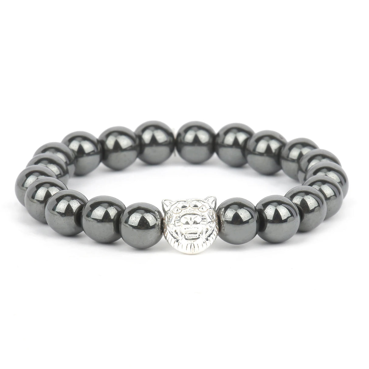Hematite beaded bracelet with a silver clasp on a white background