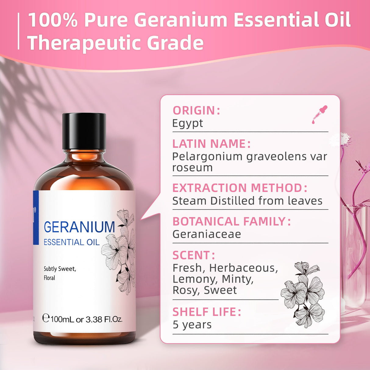 Bottle of Geranium essential oil with product details on a pink background