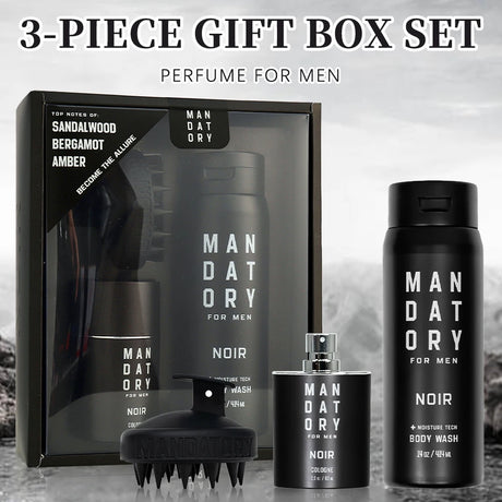 3-piece gift box set of 'Mandatory for Men' perfume and body wash on a gray background