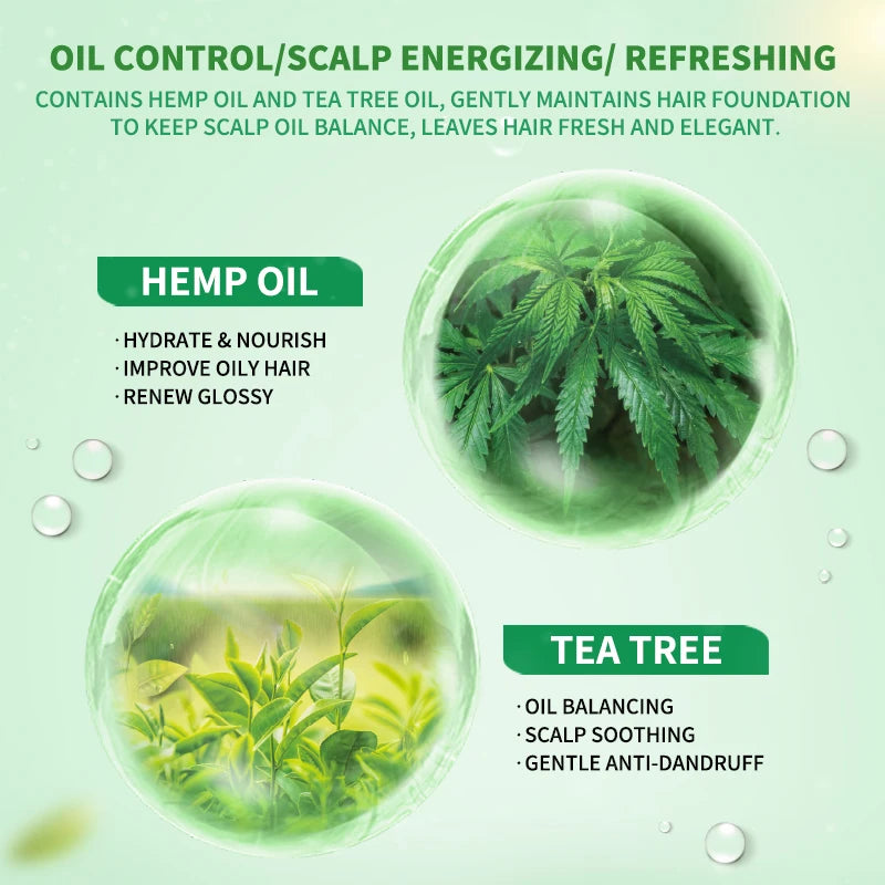 Promotional graphic for hemp oil and tea tree oil with product benefits on a green background.
