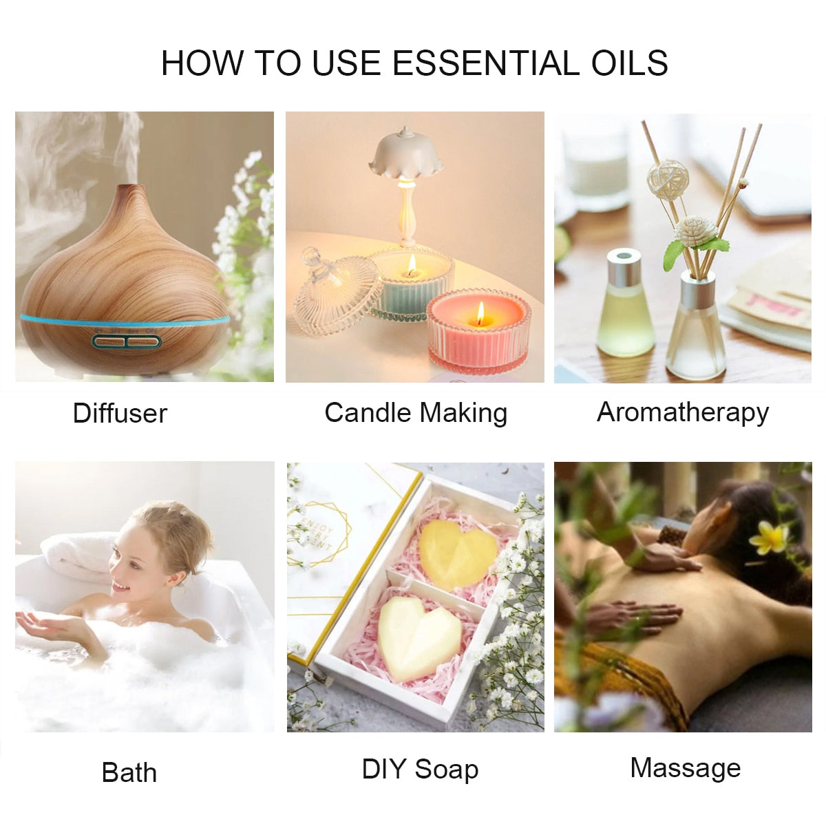 Various ways to use essential oils including diffuser, candle making, aromatherapy, bath, DIY soap, and massage.