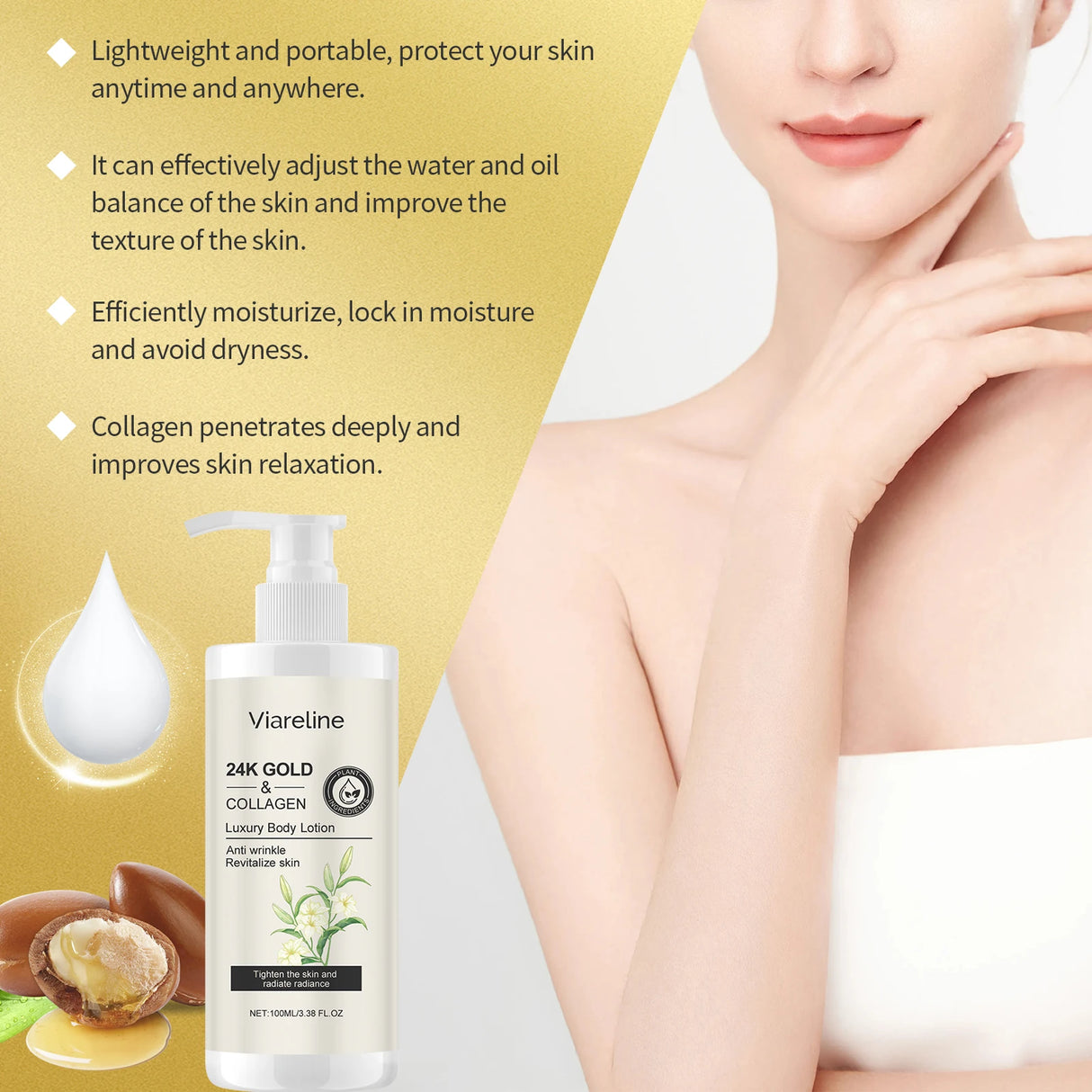 Viareline 24K Gold Collagen body lotion with product and benefits text on a white background