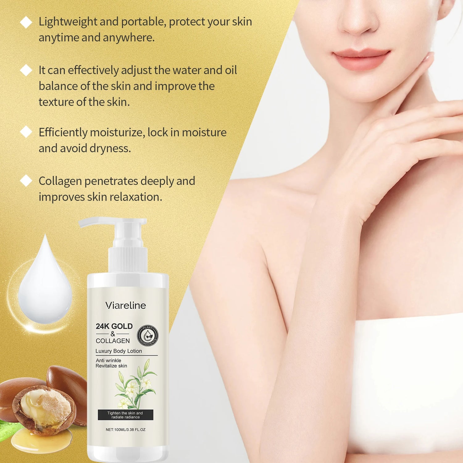 Viareline 24K Gold Collagen body lotion with product and benefits text on a white background