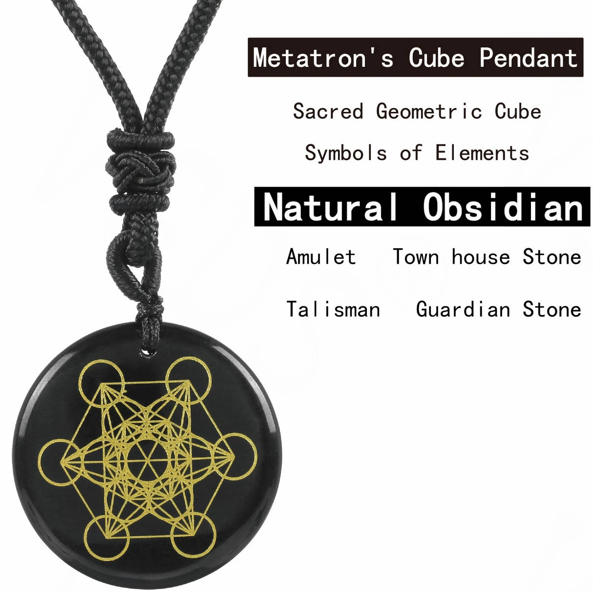 Black pendant with gold Metatron's Cube design on a black cord, labeled as a natural obsidian pendant.