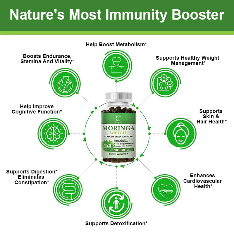 Moringa supplement bottle with health benefits listed on a white background