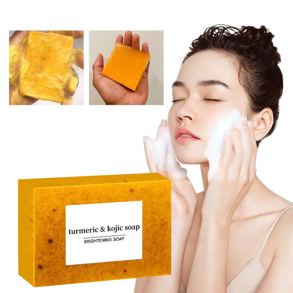 Turmeric and kojic soap with packaging and a person using it on their face.
