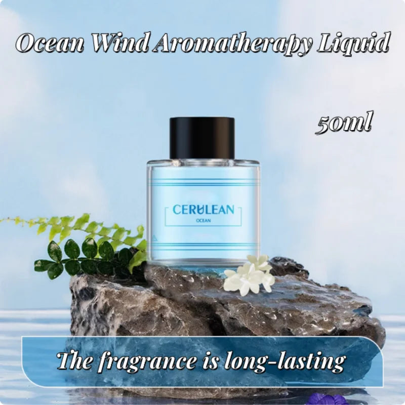 Cerulean Ocean Wind Aromatherapy Liquid bottle on a rock with ocean-themed text and imagery.
