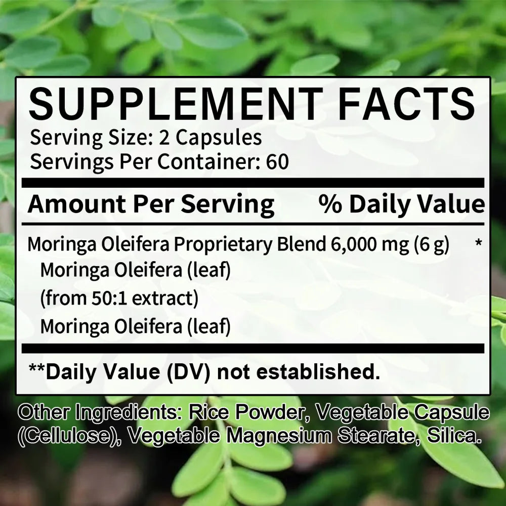 Supplement facts label for Moringa Oleifera on a green leaf background