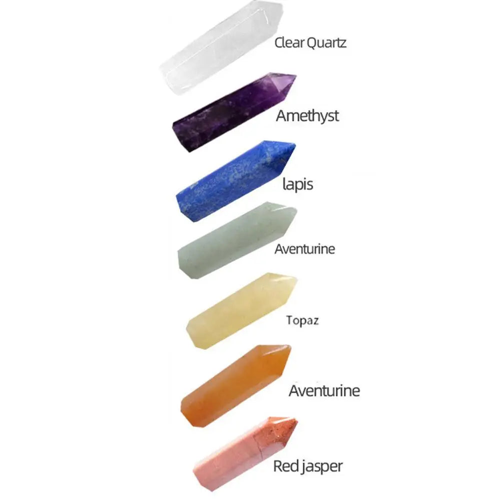 Collection of crystal wands with labels indicating their names and colors on a white background.