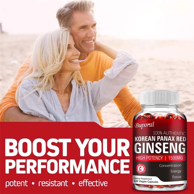 Couple on a beach with a bottle of Korean Panax Red Ginseng and text promoting its benefits.