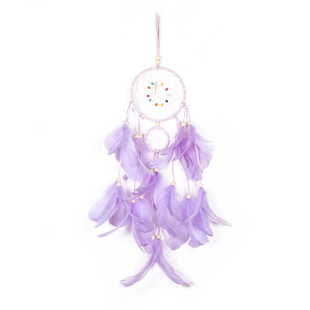 Purple dreamcatcher with feathers on a white background