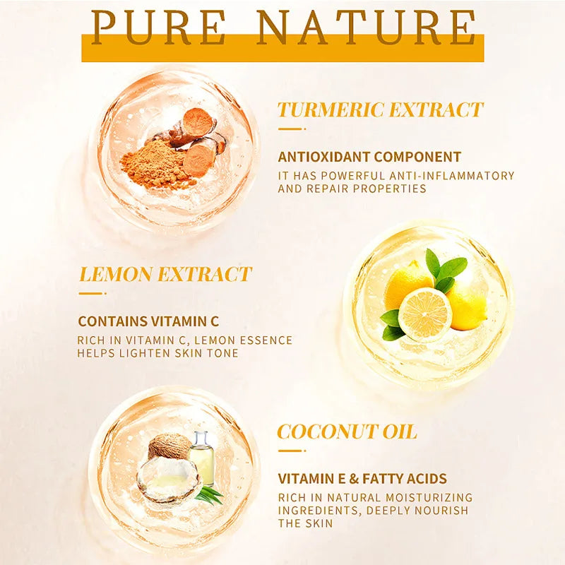 Product packaging with turmeric extract, lemon extract, and coconut oil on a light background.