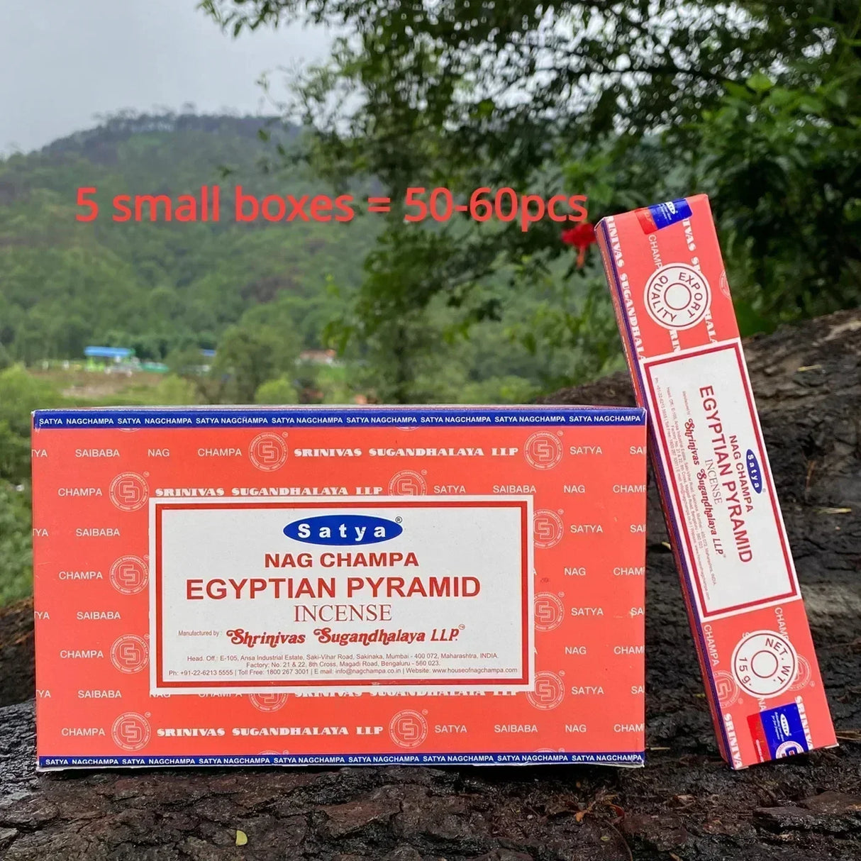 Satya Nag Champa Egyptian Pyramid incense box and sticks on a natural background