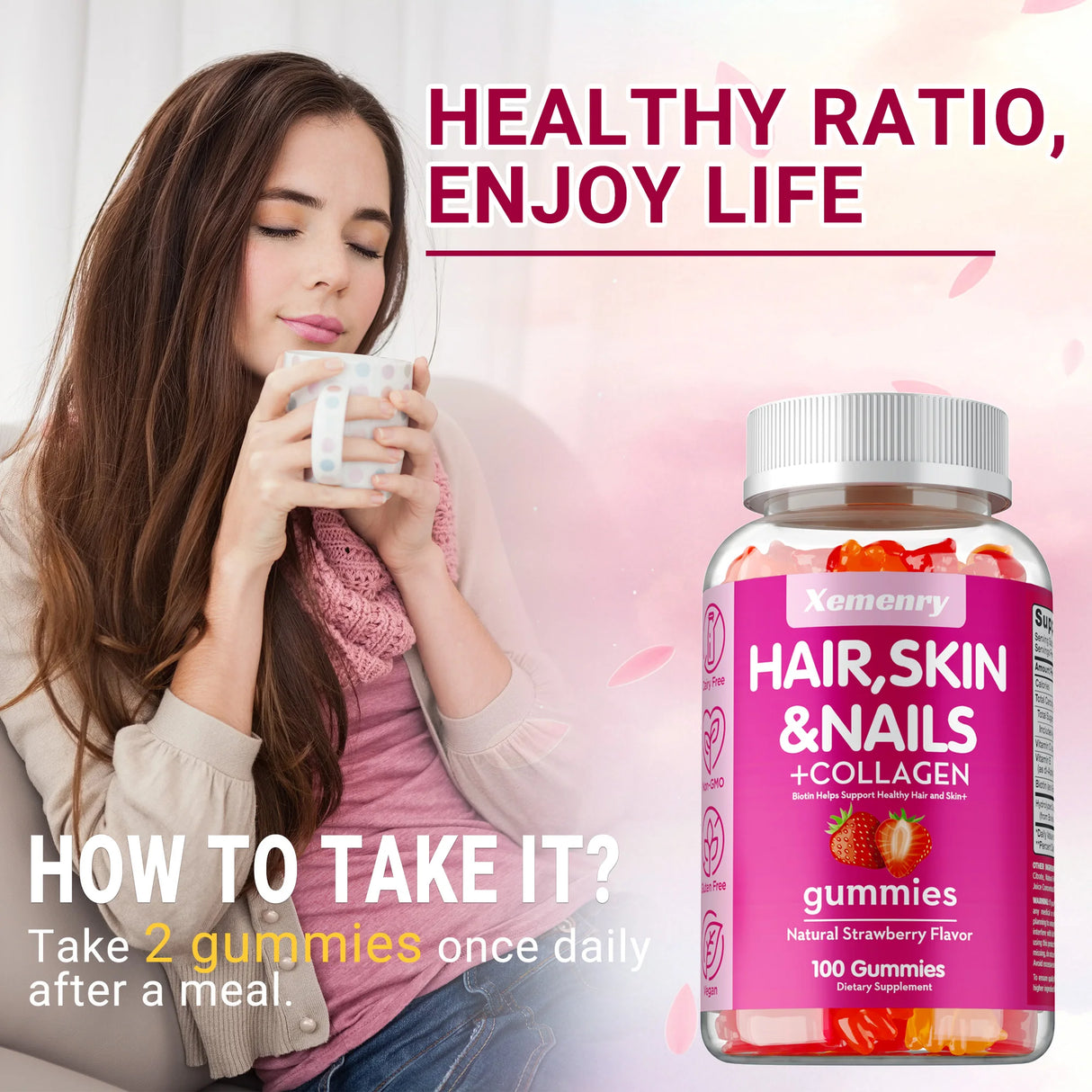 Woman holding a mug with a bottle of Xemenry Hair, Skin & Nails + Collagen gummies on a pink background.