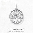 Silver tree of life pendant on a white background with 'Thaddaeus' branding.