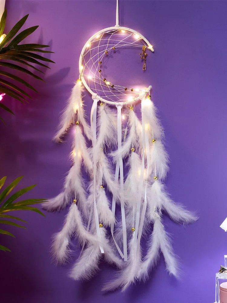 Decorative dreamcatcher with feathers and lights on a purple background