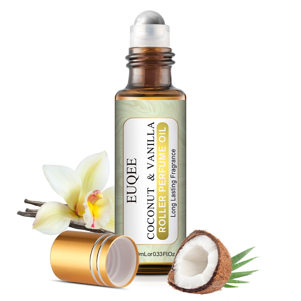 EUQEE coconut and vanilla roller perfume oil with packaging elements on a white background