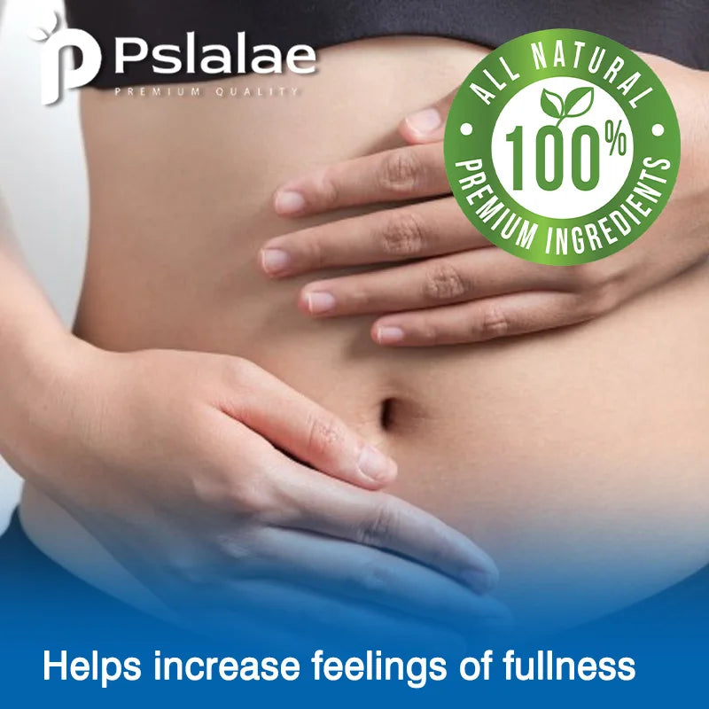 Person holding their stomach with a 'Pslalae' logo and 'All Natural 100% Premium Ingredients' badge.