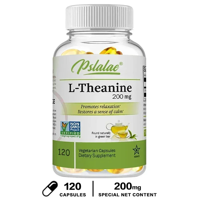 Bottle of Pslalae L-Theanine 200 mg capsules on a white background