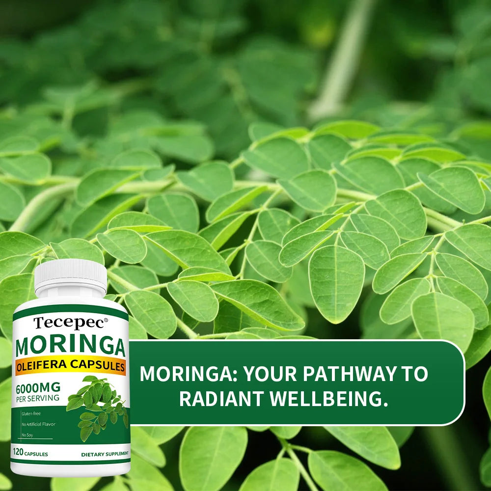 Tecepec Moringa Oleifera Capsules bottle with green leaves in the background