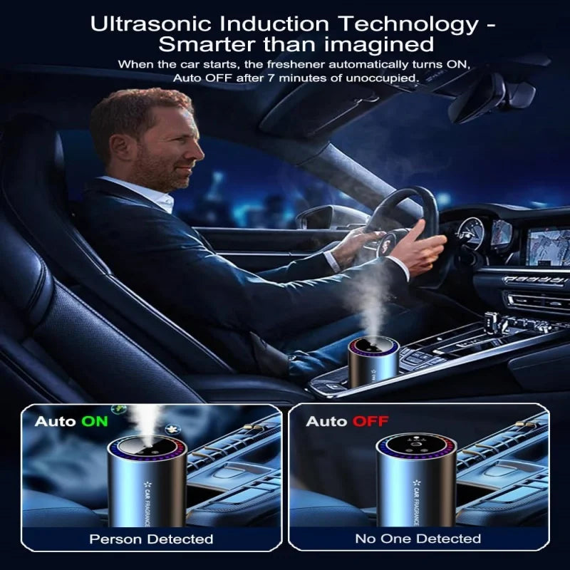 Car interior with a person using an ultrasonic induction technology car freshener, showing auto-on and auto-off functions.