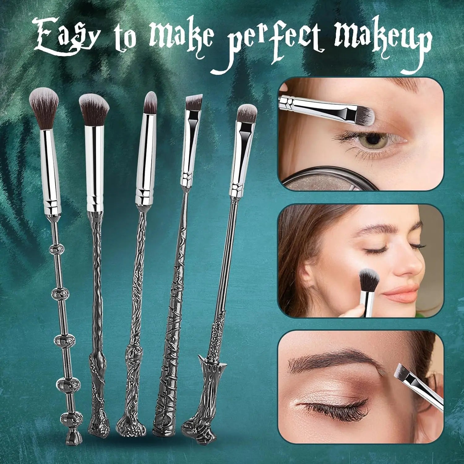 Set of makeup brushes with close-up examples of use on a teal background