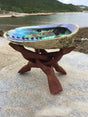 Abalone shell on a wooden stand with a beach background