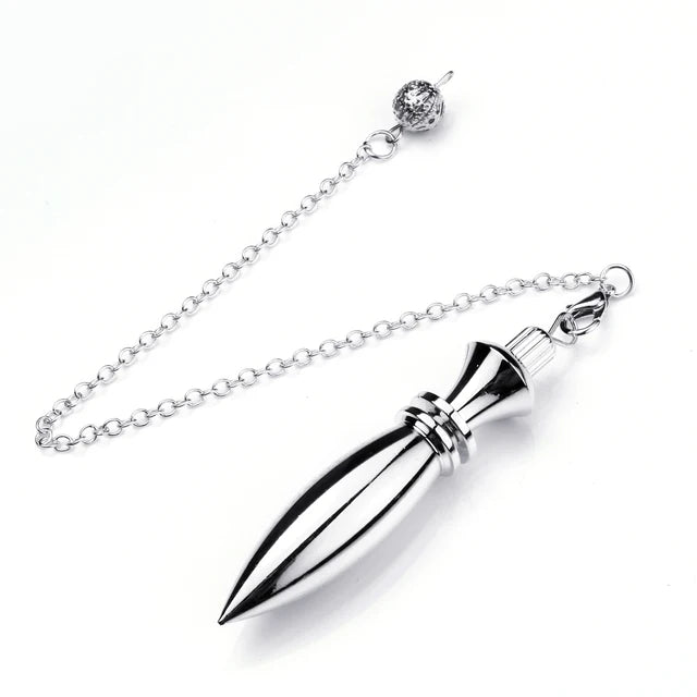 Silver pointed pendant on a chain against a white background