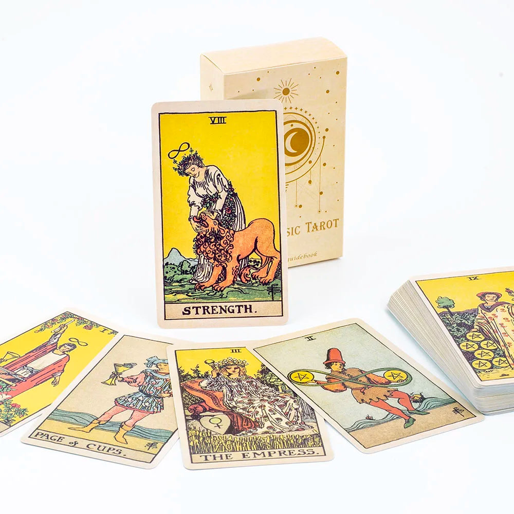 Tarot cards with 'Strength' card displayed, surrounded by other cards on a white background.