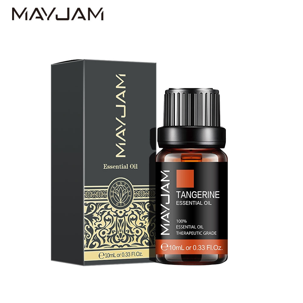 MayJam Tangerine essential oil bottle and packaging on a white background