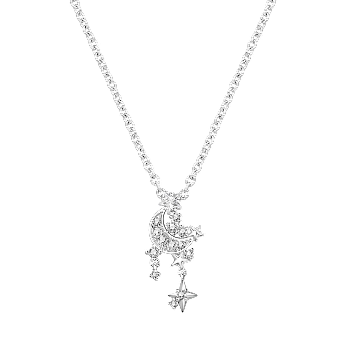 Silver necklace with moon and star pendant on a white background
