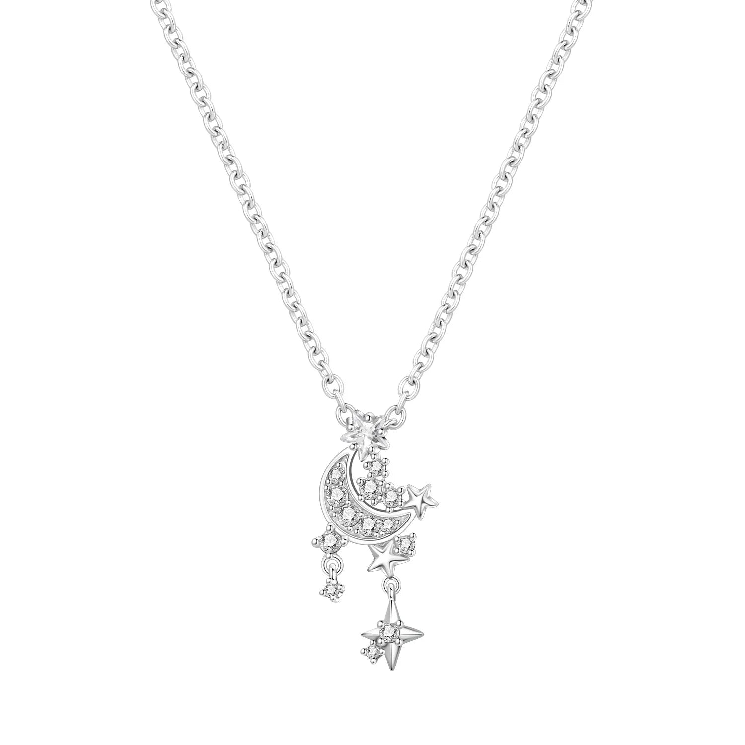Silver necklace with moon and star pendant on a white background