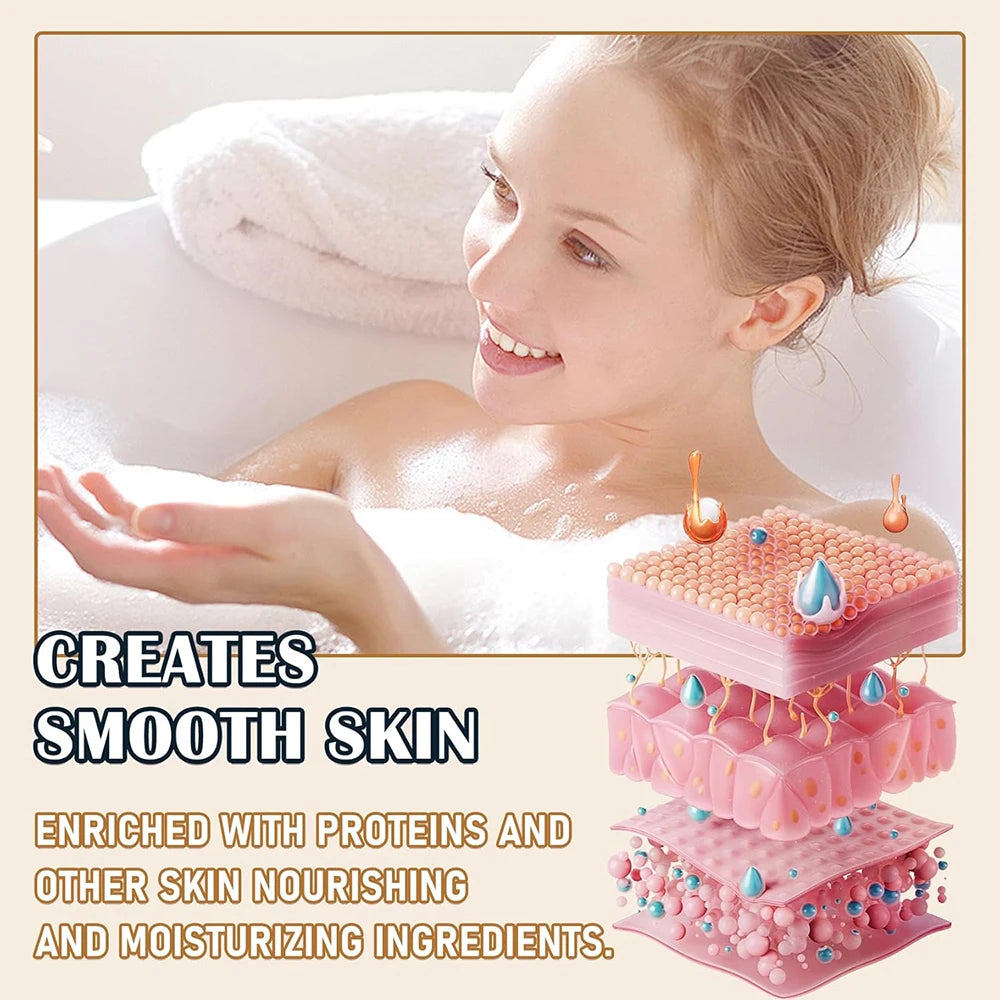 Woman in a bathtub with bubbles, next to an illustration of skin layers and text about smooth skin creation.