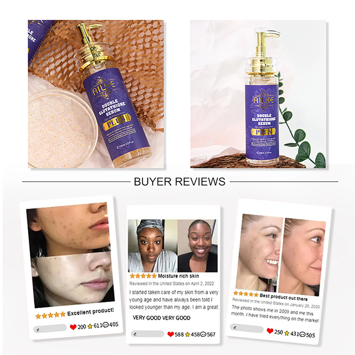 Product packaging with a gold pump and purple label, surrounded by images of people using the product and text about buyer reviews.
