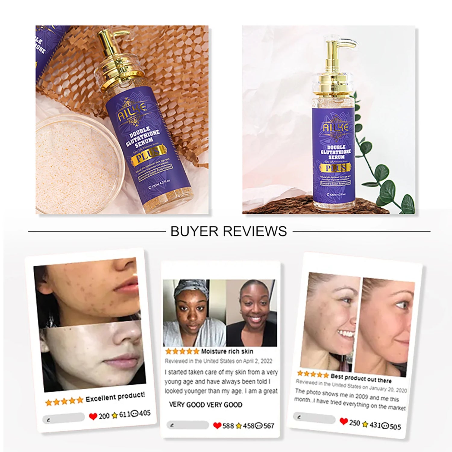 Product packaging with a gold pump and purple label, surrounded by images of people using the product and text about buyer reviews.