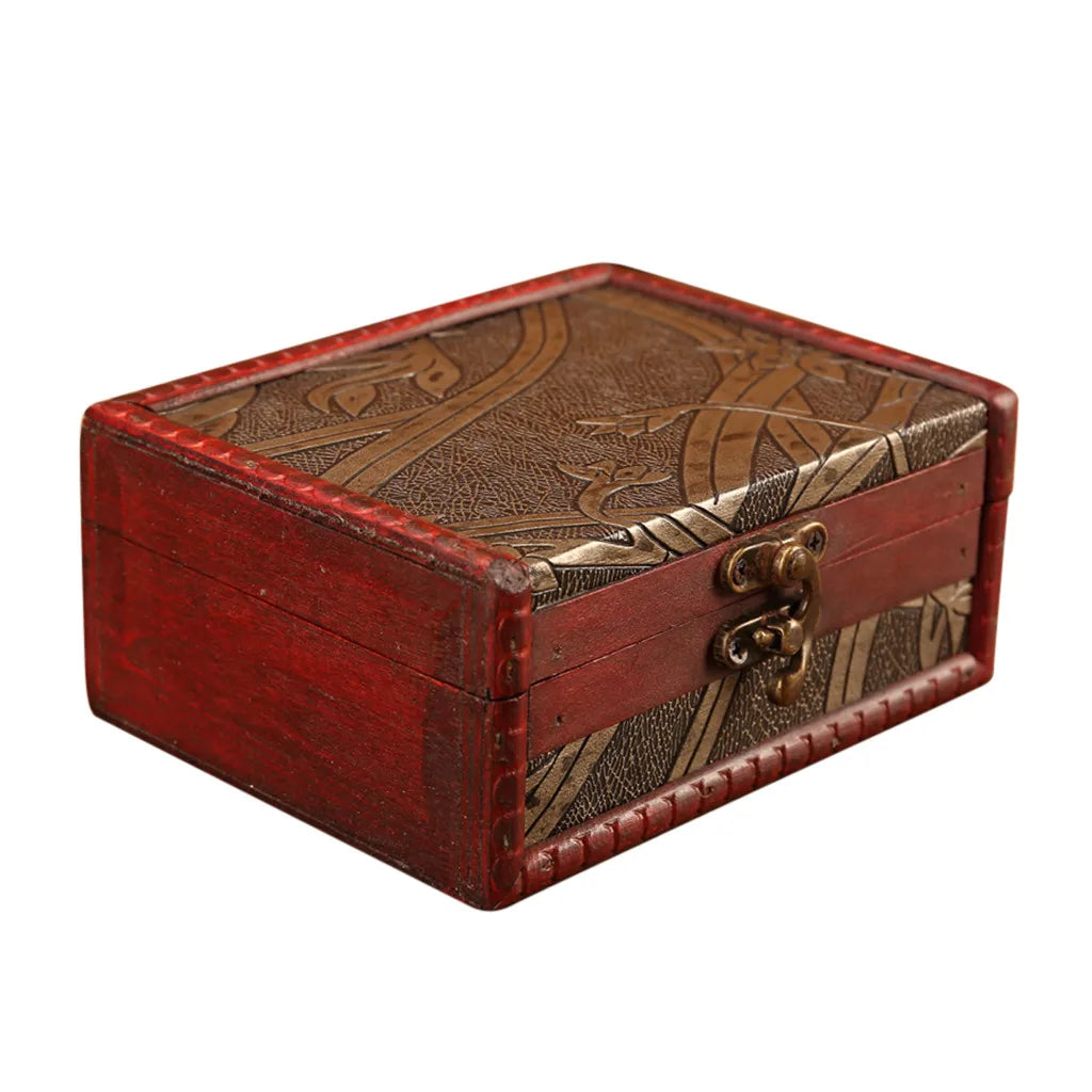 Decorative wooden box with leather accents and a brass lock on a white background