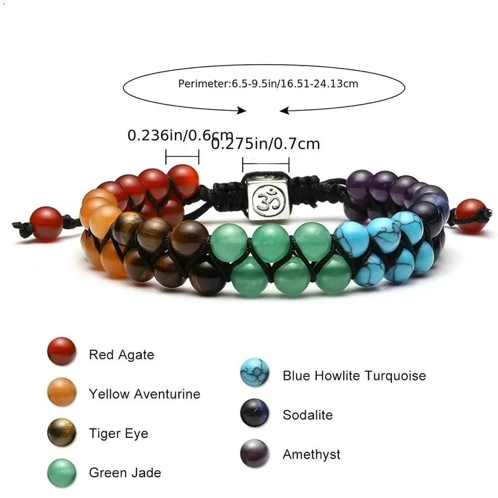 Colorful beaded bracelet with measurements and bead type labels on a white background