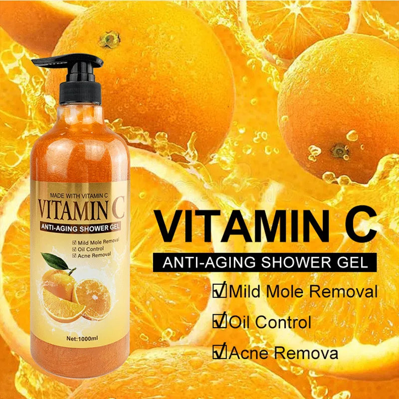 Vitamin C anti-aging shower gel with oranges in the background