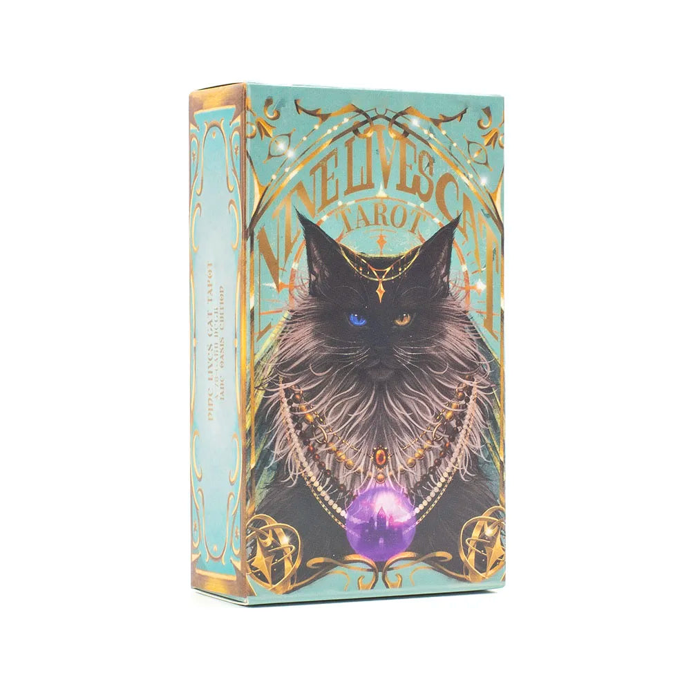 Cardboard box with a cat illustration and 'Nine Lives Tarot' text on a light blue background