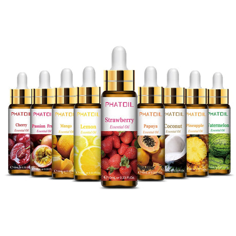 Collection of PHATOIL essential oil droppers with fruit illustrations on a white background