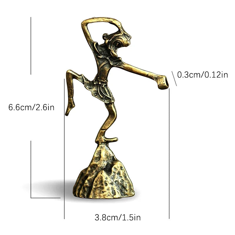Bronze sculpture of a figure on a white background with measurements indicated.
