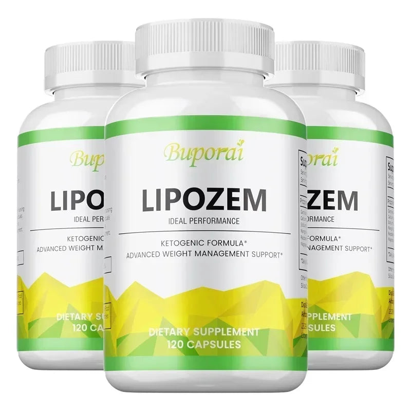 Three bottles of Buporai Lipozem dietary supplements on a white background