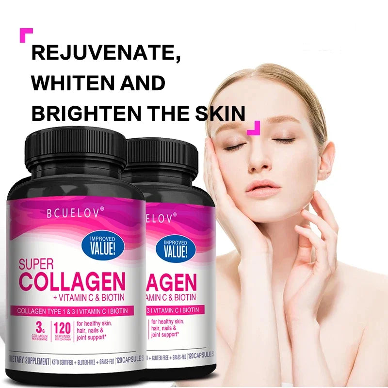 Two bottles of BCuelov Super Collagen with a woman touching her face on a white background.