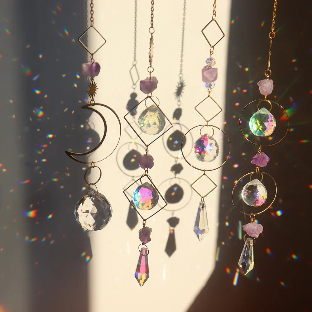 Decorative hanging crystal chandelier with colorful beads and gemstones on a dark background.
