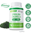 Bottle of Xemenry Spirulina Chlorella supplement with green powder and capsules on a white background