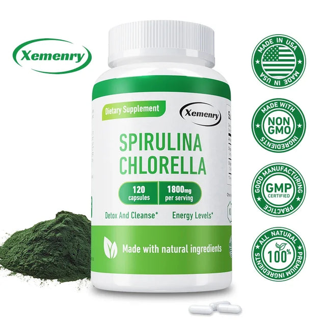 Bottle of Xemenry Spirulina Chlorella supplement with green powder and capsules on a white background