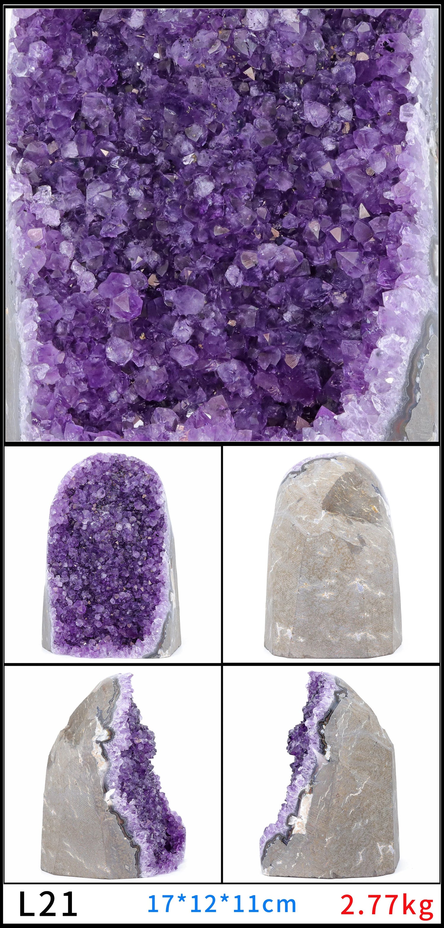 Amethyst crystal cluster with different views and measurements.