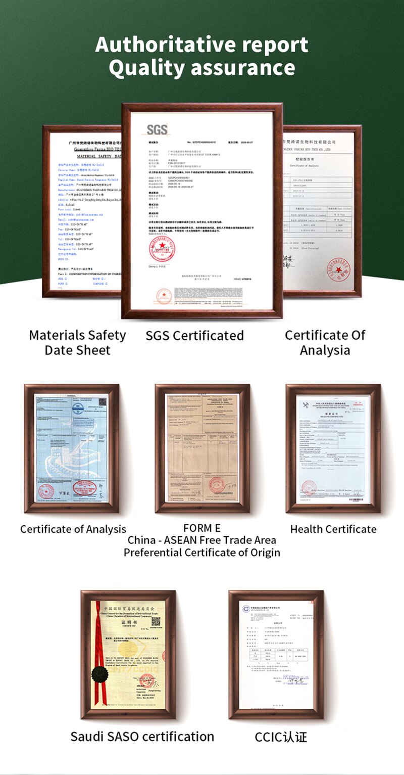 Collection of certifications and documents on a white background with a green border.