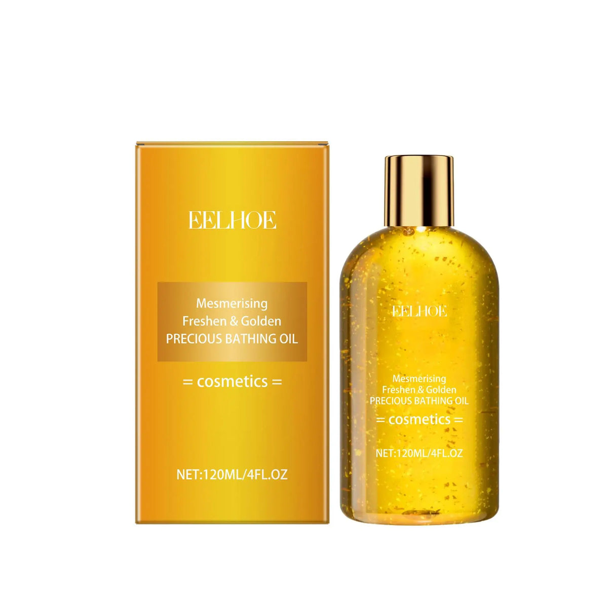 Yellow bottle and box of EELHO Precious Bathing Oil on a white background